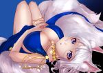  1girl amadarel artist_name azur_lane black_background blue_background blue_dress breasts center_opening cocktail_glass cup dress drinking_glass evening_gown fox_tail gold_necklace gradient gradient_background halter_dress halterneck kaga_(azur_lane) kaga_(white-tailed_magnificence)_(azur_lane) kitsune kyuubi large_breasts large_tail looking_at_viewer medium_hair multiple_tails simple_background sleeveless sleeveless_dress solo tail violet_eyes white_hair white_tail 