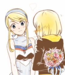  blonde_hair bouquet cheerleader couple flower heroman jacket joey_jones lina_davis lowres mokuba_(mokuba0w0) nervous twintails 