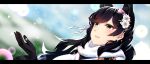  1girl :d animal_ears atago_(azur_lane) atago_(features_of_winter)_(azur_lane) azur_lane bangs black_hair blurry commentary_request depth_of_field eyebrows_visible_through_hair fox_ears fur_scarf hair_between_eyes hair_ornament highres kagiyama_(clave) long_hair long_sleeves looking_away looking_up mole mole_under_eye open_mouth sidelocks smile solo wide_sleeves wind yellow_eyes 