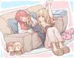  2girls ^_^ aiiro_bokujuu animal_slippers bang_dream! barefoot blush book character_doll closed_eyes couch hand_on_another&#039;s_arm highres jewelry long_hair lying maruyama_aya multiple_girls on_couch on_ground on_stomach pink_hair reading ring shirasagi_chisato sitting slippers smile violet_eyes wedding_band yuri 