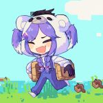  1girl animal_costume bear_costume braid chibi closed_eyes clouds ember_(selen_tatsuki) english_commentary grass holding minecraft muzzle nijisanji nijisanji_en open_mouth overalls purple_hair running selen_tatsuki sky smile solo twin_braids virtual_youtuber water yuno_(p2eocene) 