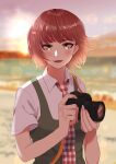  absurdres asuka_anemone backlighting bangs blunt_bangs blurry bokeh brown_eyes camera commentary dangan_ronpa:_trigger_happy_havoc dangan_ronpa_(series) depth_of_field dress dress_shirt field green_dress highres holding holding_camera koizumi_mahiru looking_at_viewer necktie open_mouth outdoors pinafore_dress plaid_neckwear raised_eyebrows red_neckwear redhead school_uniform shirt short_hair short_sleeves single-lens_reflex_camera smile strap sunset tearing_up upper_body white_neckwear white_shirt 