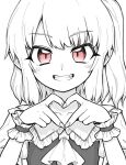  1girl bangs flandre_scarlet grin hands_up heart heart_hands looking_at_viewer medium_hair monochrome one_side_up oninamako red_eyes shirt simple_background smile spot_color touhou upper_body white_background wrist_cuffs 