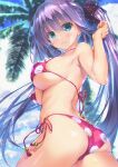  1girl ass bangs bare_shoulders bikini blue_eyes blue_sky blush breasts closed_mouth clouds commentary_request day eyebrows_visible_through_hair hair_ribbon large_breasts long_hair looking_at_viewer looking_back original outdoors palm_tree polka_dot polka_dot_bikini purple_hair ribbon shintarou side-tie_bikini sideboob sky smile solo string_bikini swimsuit tree under_boob very_long_hair 