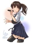  1girl artist_logo black_hakama black_legwear brown_eyes brown_hair commentary_request cropped_legs dancing dated hakama hakama_skirt highres japanese_clothes kaga_(kancolle) kantai_collection ld_(luna_dial398) long_hair looking_at_viewer microphone muneate music one-hour_drawing_challenge side_ponytail singing solo tasuki thigh-highs white_background 