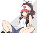  1girl :o arm_support bangs bare_arms bare_shoulders baseball_cap black_legwear black_vest blue_eyes blue_shorts blush breasts brown_hair collarbone crotch denim denim_shorts hat high_ponytail highres hilda_(pokemon) leaning_back long_hair looking_at_viewer m_legs open_mouth poke_ball_print pokemon pokemon_(game) pokemon_bw ponytail print_headwear ririse shorts sidelocks sitting sleeveless small_breasts solo spread_legs tank_top vest white_background 