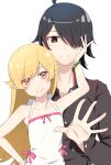  1boy 1girl ahoge araragi_koyomi armpits bangs black_hair blonde_hair blush_stickers bow bow_dress bracelet brown_eyes collarbone commentary dress frown gakuran green_bracelet hair_over_one_eye halterneck hand_on_another&#039;s_face hand_on_hip head_tilt height_difference highres jewelry long_bangs monogatari_(series) naoetsu_high_school_uniform oshino_shinobu outstretched_hand pink_bow pointy_ears school_uniform simple_background smile sundress swept_bangs upper_body white_background white_dress yellow_eyes yuunamida_uyu 