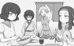  4girls :q absurdres bangs bowl caesar_(girls_und_panzer) casual chopsticks closed_mouth commentary_request curtains erwin_(girls_und_panzer) eyebrows_visible_through_hair food girls_und_panzer glasses greyscale hanten_(clothes) headband highres holding holding_chopsticks indoors japanese_clothes lid long_hair looking_at_another medium_hair messy_hair mixing_bowl monochrome multiple_girls open_mouth oryou_(girls_und_panzer) pointy_hair renshiu rice saemonza_(girls_und_panzer) semi-rimless_eyewear shirt short_hair short_ponytail short_shorts short_sleeves shorts sitting smile soy_sauce standing sushi t-shirt tank_top tongue tongue_out under-rim_eyewear 