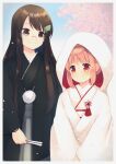  2girls black_kimono border bride brown_eyes brown_hair cherry_blossoms commission folding_fan futatsuiwa_mamizou futatsuiwa_mamizou_(human) glasses hair_ornament hand_fan haori hood japanese_clothes kimono leaf_hair_ornament light_blush motoori_kosuzu multiple_girls red_eyes redhead rimless_eyewear round_eyewear sen1986 skeb_commission smile tassel touhou tsunokakushi uchikake white_border white_kimono wife_and_wife yuri 