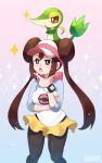  1girl bangs blush bow breasts bright_pupils brown_hair chin_stroking commentary_request double_bun gen_5_pokemon green_eyes hand_up highres legwear_under_shorts long_hair open_mouth pantyhose pink_bow pokemon pokemon_(creature) pokemon_(game) pokemon_bw2 pokemon_masters_ex raglan_sleeves rosa_(pokemon) shiny shirt short_shorts shorts snivy sparkle tomashuu tongue twintails visor_cap white_pupils yellow_shorts 