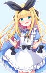  1girl :d apron bangs baram black_bow black_ribbon blonde_hair blue_background blue_dress bow commentary_request dress eyebrows_visible_through_hair frilled_apron frills green_eyes hair_ribbon highres long_hair looking_at_viewer mononobe_alice nijisanji open_mouth outline puffy_short_sleeves puffy_sleeves ribbon short_sleeves skirt_hold smile solo very_long_hair virtual_youtuber white_apron white_outline 