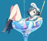  1girl black_hair blue_background boots breasts cup green_eyes hat highres hishaku in_container in_cup medium_breasts midriff midriff_peek murasa_minamitsu noumin_joemanyodw orb sailor sailor_collar sailor_hat short_hair shorts simple_background smile touhou water 