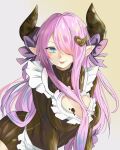  absurdres apron bmyoshikun123 bow braid braided_ponytail breasts chocolate chocolate_drip chocolate_on_breasts clothing_cutout dress frilled_apron frills granblue_fantasy heart_cutout highres horns large_breasts long_hair looking_at_viewer narmaya_(granblue_fantasy) pink_hair pointy_ears purple_bow solo sweater sweater_dress tongue tongue_out turtleneck turtleneck_sweater very_long_hair 