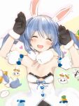  1girl :d animal_ears black_gloves blue_hair blush bow braid breasts bunny_pose detached_sleeves don-chan_(usada_pekora) dress facing_viewer gloves hair_bow hands_up highres hololive long_hair looking_at_viewer nanashi_(nlo) nijisanji open_mouth puffy_detached_sleeves puffy_short_sleeves puffy_sleeves rabbit_ears short_eyebrows short_sleeves simple_background small_breasts smile solo strapless strapless_dress thick_eyebrows twin_braids upper_teeth usada_pekora white_background white_dress 