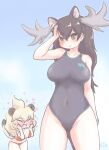  2girls :3 alternate_costume animal_ears antlers big_hair bikini black_swimsuit blonde_hair blush brown_eyes brown_hair commentary_request cowboy_shot extra_ears eyebrows_visible_through_hair fang hands_on_own_face heart highres japari_symbol kemono_friends lion_(kemono_friends) lion_ears lion_girl lion_tail long_hair moose_(kemono_friends) moose_ears moose_girl moose_tail multiple_girls one-piece_swimsuit open_mouth plaid plaid_bikini red_bikini sky swimsuit tail uho_(uhoyoshi-o) 
