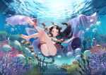 1girl ass bare_legs barefoot bikini black_hair braid character_request hair_ornament long_hair looking_at_viewer multicolored_hair red:_pride_of_eden shinia solo swimsuit tail thigh_strap toes two-tone_hair underwater white_hair yellow_eyes 
