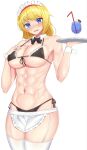  1girl abs absurdres alice_margatroid alternate_costume bangs bikini black_bikini black_bow black_neckwear blonde_hair blue_eyes blush bow bowtie breasts cocktail commentary_request cookie_(touhou) cowboy_shot detached_collar drinking_straw enmaided garter_straps highres holding holding_tray ikikiksgiksg large_breasts looking_at_viewer maid maid_bikini maid_headdress muscular muscular_female open_mouth sakuranbou_(cookie) short_hair side-tie_bikini simple_background solo swimsuit thigh-highs touhou tray white_background white_legwear wrist_cuffs 