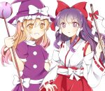  2girls bangs belt blonde_hair blush bow buttons closed_mouth detached_sleeves dress eyebrows_visible_through_hair frills gohei hair_between_eyes hakurei_reimu hakurei_reimu_(pc-98) hand_up hat hat_bow kirisame_marisa kirisame_marisa_(pc-98) long_sleeves multiple_girls puffy_short_sleeves puffy_sleeves purple_dress purple_hair purple_headwear red_bow red_skirt shirt short_sleeves simple_background skirt sleeveless sleeveless_shirt smile teeth touhou touhou_(pc-98) white_background white_belt white_bow white_shirt wide_sleeves witch_hat yellow_eyes zeroko-san_(nuclear_f) 