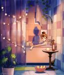  1girl bangs bath bathing bathtub brown_eyes brown_hair hair_bun indoors muraicchi_(momocchi) original partially_submerged plant potted_plant rubber_duck short_hair shower_head solo table tile_wall tiles towel towel_on_head water 