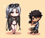  ayanobro bikini black_bikini black_hair blue_eyes blush bracelet camera carmilla_(fate) carmilla_(swimsuit_rider)_(fate) chibi fate/grand_order fate_(series) fujimaru_ritsuka_(male) highres jewelry multi-strapped_bikini orange_eyes pose smile sunglasses swimsuit white_hair 