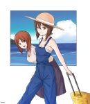  2girls bangs blue_overalls blue_sky bluff260 briefcase brown_eyes brown_hair brown_headwear casual closed_mouth clouds cloudy_sky commentary day eyebrows_visible_through_hair girls_und_panzer hat highres holding horizon leaning_forward looking_at_viewer medium_hair medium_skirt multiple_girls nishizumi_maho nishizumi_miho ocean open_mouth outdoors outside_border overalls purple_skirt shirt short_hair siblings sisters skirt sky smile strapless strapless_shirt sun_hat v-neck white_shirt 