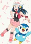 1girl :d beanie blue_eyes blue_hair blush boots bracelet clenched_hand commentary hikari_(pokemon) eyelashes floating_hair gen_4_pokemon hainchu hat highres jewelry kneehighs long_hair looking_at_viewer open_mouth outstretched_arm pink_footwear pink_skirt piplup pokemon pokemon_(anime) pokemon_(creature) pokemon_dppt_(anime) scarf shirt skirt sleeveless sleeveless_shirt smile tongue white_headwear 
