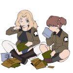  2girls alisa_(girls_und_panzer) bangs black_footwear black_shirt black_shorts blonde_hair blue_eyes blue_shorts boots brown_eyes brown_hair brown_jacket commentary cup eating emblem freckles girls_und_panzer grey_legwear hair_intakes hair_ornament half-closed_eyes highres holding indian_style jacket kay_(girls_und_panzer) loafers long_hair long_sleeves looking_at_viewer military military_uniform mre multiple_girls one_eye_closed onsen_tamago_(hs_egg) open_clothes open_jacket pouch saunders_military_uniform shirt shoes short_hair short_shorts short_twintails shorts side-by-side simple_background sitting socks star_(symbol) star_hair_ornament thigh-highs twintails uniform white_background white_legwear 