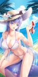 1girl azur_lane ball beachball bikini bow bow_bikini breasts dutch_angle e^(in)+1=0 feet_out_of_frame flower hat hat_flower highres holding holding_clothes holding_footwear holding_shoes large_breasts long_hair multiple_straps official_alternate_costume palm_leaf panties purple_hair rodney_(azur_lane) rodney_(future_beach_admiral)_(azur_lane) see-through_sleeves shoes shoes_removed sitting solo straw_hat sun_hat swimsuit underwear violet_eyes water wet white_bikini 