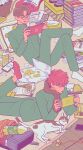  2boys book book_stack bottle brown_hair carton cat gakuran glasses green_jacket green_pants guitar highres instrument jacket kk724 multiple_boys nintendo_switch original pants pink_hair pink_legwear round_eyewear school_uniform short_hair socks tongue tongue_out white_legwear 