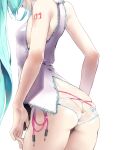  1girl aqua_hair arm_at_side arms_at_sides ass audio_jack back bare_arms bare_shoulders breasts butt_crack cable commentary_request cowboy_shot from_behind hatsune_miku head_out_of_frame highres long_hair no_pants panties panties_day rsk_(tbhono) skindentation sleeveless solo standing striped striped_panties twintails underwear vocaloid white_panties 