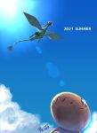  +_+ claws closed_mouth clouds commentary_request day flygon flying from_below gen_3_pokemon highres lens_flare no_humans outdoors penta_oekaki pokemon pokemon_(creature) signature sky trapinch wavy_mouth 