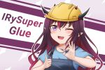  1girl bangs character_name english_commentary eyebrows_visible_through_hair glue hair_behind_ear hardhat helmet holding hololive hololive_english horns irys_(hololive) jan_azure long_hair one_eye_closed overalls pointy_ears portrait purple_hair solo thumbs_up violet_eyes virtual_youtuber 