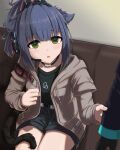  1girl 1other animal_ears arknights bangs black_shirt black_shorts blue_hair cat_ears cat_tail commentary_request couch cowboy_shot doctor_(arknights) gradient_hair green_eyes grey_jacket headphones highres jacket jessica_(arknights) long_sleeves looking_at_another multicolored_hair on_couch open_clothes open_jacket open_mouth out_of_frame purple_hair shironekoban shirt short_hair shorts sitting solo_focus tail thigh_strap watermark 