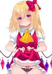  1girl :&lt; ascot bangs black_panties blonde_hair blurry blush bow bow_panties breasts closed_mouth commentary_request cowboy_shot crystal depth_of_field eyebrows_visible_through_hair flandre_scarlet flying_sweatdrops frilled_shirt_collar frills hair_between_eyes hair_bow holding holding_clothes long_hair looking_at_viewer no_hat no_headwear one_side_up panties petticoat puffy_short_sleeves puffy_sleeves red_bow red_skirt red_vest short_sleeves simple_background skirt skirt_hold small_breasts solo tosakaoil touhou underwear vest white_background wings yellow_neckwear 