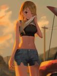  1girl blonde_hair clothes_lift denim earrings evening hair_over_one_eye highres idolmaster idolmaster_shiny_colors izumi_mei jewelry long_hair midriff navel one_eye_closed outdoors pants shirt_lift short_shorts shorts solo sports_bra spung standing sweat torn_clothes torn_pants wiping_sweat 