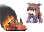  1girl animal_ears blue_bow bow bowtie car commentary ear_bow ears_down eyebrows_visible_through_hair fire green_eyes ground_vehicle hair_between_eyes highres horse_ears horse_girl horseshoe_ornament lamborghini lamborghini_countach long_hair maruzensky_(umamusume) motor_vehicle puffy_short_sleeves puffy_sleeves purple_bow purple_neckwear purple_shirt sailor_collar sailor_shirt sakusan school_uniform scissor_doors shaded_face shirt short_sleeves solo sports_car supercar tracen_school_uniform umamusume upper_body wavy_hair 