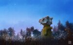  blurry commentary_request crack cubone from_below gen_1_pokemon grass highres kozsen_810290 looking_up night no_humans outdoors pokemon pokemon_(creature) skull sky solo standing star_(sky) tree watermark yellow_eyes 