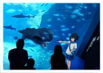  1girl abyssal_ship aquarium black_hair blue_shorts brown_eyes fish highres i-401_(kancolle) i-class_destroyer kantai_collection ponytail shark shirt short_ponytail short_sleeves shorts solo_focus standing t-shirt timmyyen underwater white_shirt 