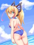  1girl arms_at_sides ass back blonde_hair blush breasts closed_mouth cloud clouds copyright_request cougar_(cougar1404) female hair_between_eyes long_hair looking_at_viewer looking_back sky smile solo swimsuit water 