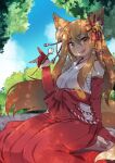  1girl amagaeru_(hylathewet) animal_ear_fluff animal_ears bare_shoulders blonde_hair blush dappled_sunlight elbow_gloves fox_ears fox_girl fox_shadow_puppet fox_tail gloves hakama highres hip_vent japanese_clothes kimono_top long_hair miko mimikaki multiple_tails nature open_mouth partially_fingerless_gloves red_gloves red_hakama sarashi sitting smile solo sunlight tail ten_(tomimian) tomimian tree yellow_eyes 