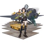  1girl aircraft airplane bomber_jacket boots breasts brown_footwear brown_hair brown_shorts earhart_(girls_frontline_nc) fingerless_gloves flower fox full_body girls_frontline girls_frontline_neural_cloud gloves green_jacket grin headset headwear_removed helmet helmet_removed highres jacket knee_pads kneehighs ladder looking_at_viewer mouth_hold official_art one_eye_closed open_clothes open_cockpit open_jacket pilot_helmet pointing red_eyes rose scarf shirt short_hair shorts small_breasts smile solo transparent_background white_shirt yellow_scarf 