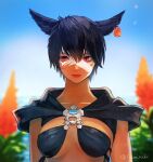  1girl animal_ears bikini bikini_top black_hair blurry blurry_background breasts cat_ears dark-skinned_female dark_skin day earrings facepaint facial_mark final_fantasy final_fantasy_xiv hair_between_eyes jewelry looking_at_viewer medium_breasts miqo&#039;te muraicchi_(momocchi) outdoors red_eyes short_hair solo swimsuit upper_body whisker_markings 