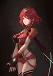  1girl bangs boots breasts closed_mouth earrings gloves hair_between_eyes highres hkytw jewelry looking_at_viewer pyra_(xenoblade) red_eyes red_footwear red_gloves redhead short_hair short_sleeves smile solo thigh-highs thigh_boots tiara xenoblade_chronicles_(series) xenoblade_chronicles_2 