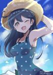  1girl ahoge black_hair blue_sky brown_eyes casual_one-piece_swimsuit clouds commentary_request dated hat highres johssnny kantai_collection long_hair one-piece_swimsuit one_eye_closed polka_dot polka_dot_swimsuit sky solo straw_hat sun_hat swimsuit twitter_username upper_body ushio_(kancolle) 