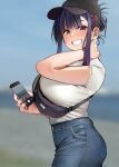  1girl baseball_cap black_headwear blue_pants blush breasts brown_eyes cellphone clenched_teeth commentary_request denim elder_cousin_(igarashi_kyouhei) fingernails hair_ornament hairclip hat highres holding holding_phone igarashi_kyouhei jeans large_breasts long_hair looking_at_viewer original pants phone purple_hair shirt short_hair smile solo t-shirt teeth white_shirt 