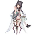  1girl bangs black_hair blunt_bangs dress eyebrows_visible_through_hair full_body girls_frontline girls_frontline_neural_cloud hair_ornament highres holding lace lace_legwear long_hair looking_at_viewer mouth_hold needlepoint official_art qbu-88_(girls_frontline) scissors sewing shoes shorts shuzi sitting smile sneakers solo stool tape_measure thread transparent_background twintails white_dress white_legwear yellow_eyes 