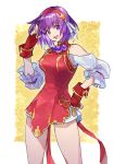  1girl asamiya_athena bangs breasts china_dress chinese_clothes cowboy_shot dress eyebrows_visible_through_hair fingerless_gloves gloves hair_ribbon hairband hand_on_hip highres looking_at_viewer medium_breasts open_mouth purple_hair red_dress red_gloves red_hairband ribbon simple_background smile solo standing star_hair_ornament strapless strapless_dress taki_(nakochan) the_king_of_fighters the_king_of_fighters_xv violet_eyes white_background 