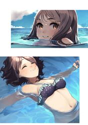  22/7 absurdres afloat brown_hair closed_eyes clouds floating highres hiiragi_tsubomi in_water looking_at_viewer medium_hair motsu_(onli_neet) ocean outstretched_arms sky smile sunlight swimsuit water wet wet_hair 