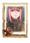  1girl bangs closed_mouth company_of_heroes grin hair_between_eyes hat military military_hat military_uniform original pink_hair portrait smile solo soviet soviet_army teeth uniform violet_eyes world_war_ii zhainan_s-jun 