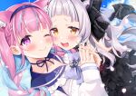  2girls animal_ears bangs blue_choker blunt_bangs blush cat_ears cat_girl cat_tail cheek-to-cheek choker gothic_lolita highres holding_hands hololive interlocked_fingers lolita_fashion long_hair looking_at_viewer minato_aqua multiple_girls murasaki_shion nako_narita purple_hair ribbon ribbon_choker silver_hair tail tail_ornament tail_ribbon twintails virtual_youtuber yuri 